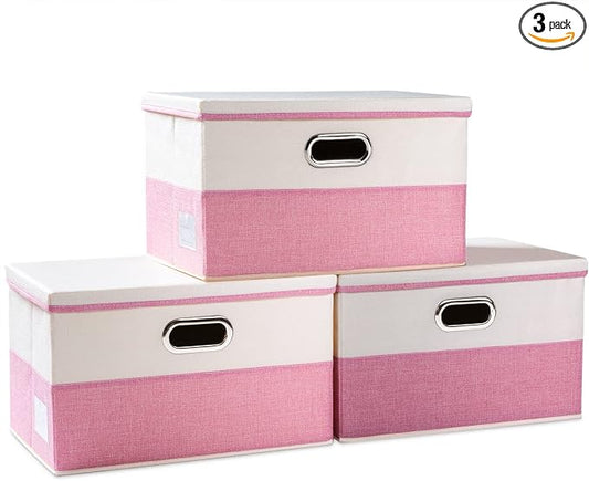 PRANDOM Large Collapsible Storage Bins with Lids [3-Pack] Fabric Foldable Storage Boxes Organizer Containers Baskets Cube with Cover for Home Bedroom Closet Office Pink&Cream(17.7x11.8x11.8) by Prandom