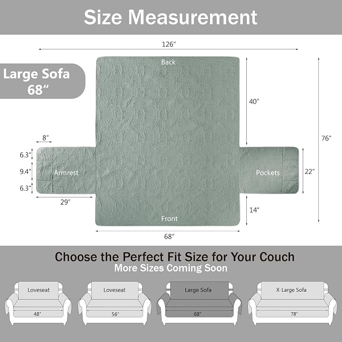 Sage Blue Quilted Sofa Cover, Anti-Slip Medallion Designed Couch Covers for 3 Cushion Couch, Sofa Slipcovers for Dogs Cats Water-Repellent, Machine Washable (Large Sofa 68", Sage Blue) - Image 7