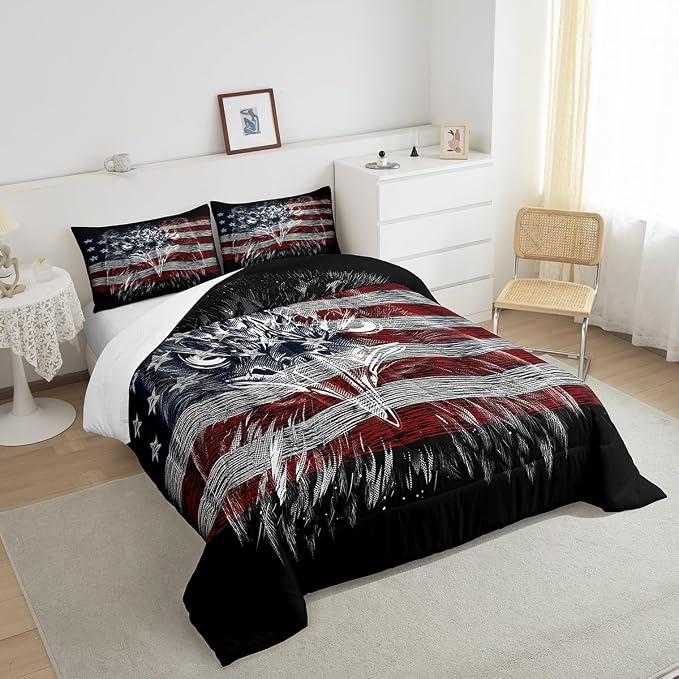 Homewish American Flag Bedding Comforters Full Size, Eagle Bird Animal Print Stars Stripes USA Flag Comforter Set with 2 Pillowcases, American Culture Quilt Set for Girls Teens Gift, Ultra Soft - Image 7