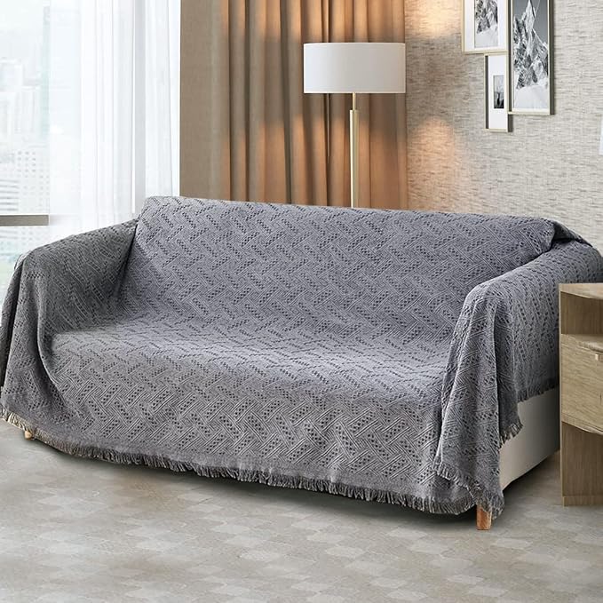 Homcosan Sofa Slipcovers Towel Cover Cotton Knit Geometrical Couch Cover for 2 Seat Cushion Couch Furniture Pet Protector Stylish Throws for Sectional Couch(Grey, Loveseat) - Image 2