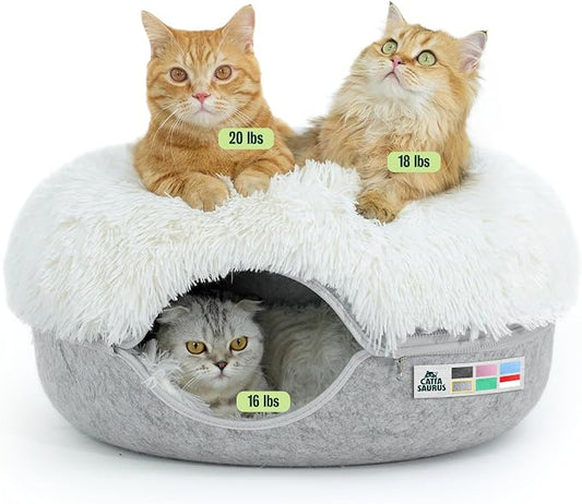 CATTASAURUS Peekaboo Cat Cave for Multiple & Large Cats Up to 30-45 Lbs, Fluffy Cat Beds for Indoor Cats, Scratch Detachable & Washable Tunnel Bed, Comfy Donut Cave (Light Gray, Large (Calming)) by Cattasaurus