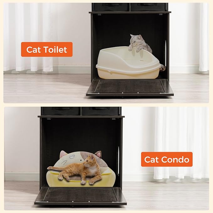 Dwanton Litter Box Enclosure with 3 Storage Shelves and 2 Drawers, 2-in-1 Hidden Cat Litter Box Enclosure Furniture with Shelf, Reversible Entrance, Washable Drawers, 61.8-Inch, Dark Grey - Image 8