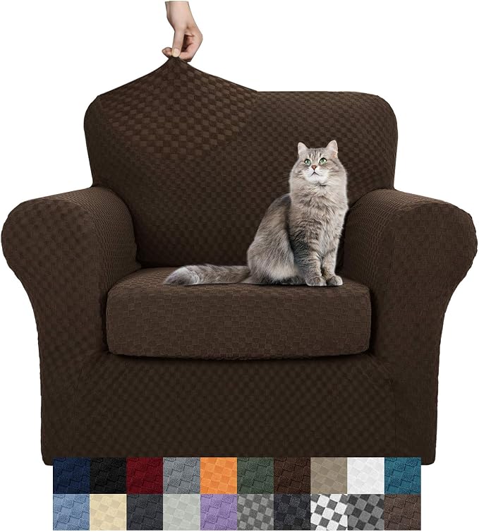 YEMYHOM Latest Checkered 2 Pieces Chair Covers for Living Room High Stretch Thickened Chair Slipcovers with Arms Anti Slip Elastic Armchair Sofa Couch Protector (Dark Coffee), 31"-46"(1 Cushion) by YEMYHOM