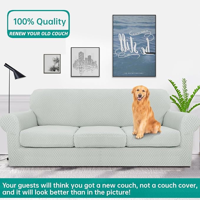 YEMYHOM Latest Checkered 4 Pieces Couch Covers for 3 Cushion Couch High Stretch Thickened Sofa Cover for Dogs Pets Elastic Slipcovers Living Room Furniture Protector (Ivory), 71"-91"(3 Cushions) - Image 2