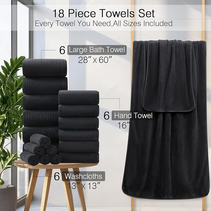 18 Piece Family Bath Towel Set Include 6 Bath Towels,6 Hand Towels and 6 Washcloths Soft Bathroom Towel with Hanging Loops,Highly Absorbent Quick Dry Towels Set for Bathroom,Hotel and Spa-Black - Image 3
