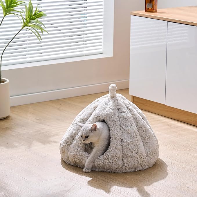 PetPals Round Cat Bed Small Pet Cave with Removeable and Washable Cushion | Super Soft Plush Pet Bed with Cover for Small Animals, Kitten or Ferret Hideaway Napping Cave, Anti-Slip Bottom, Cream plush - Image 3