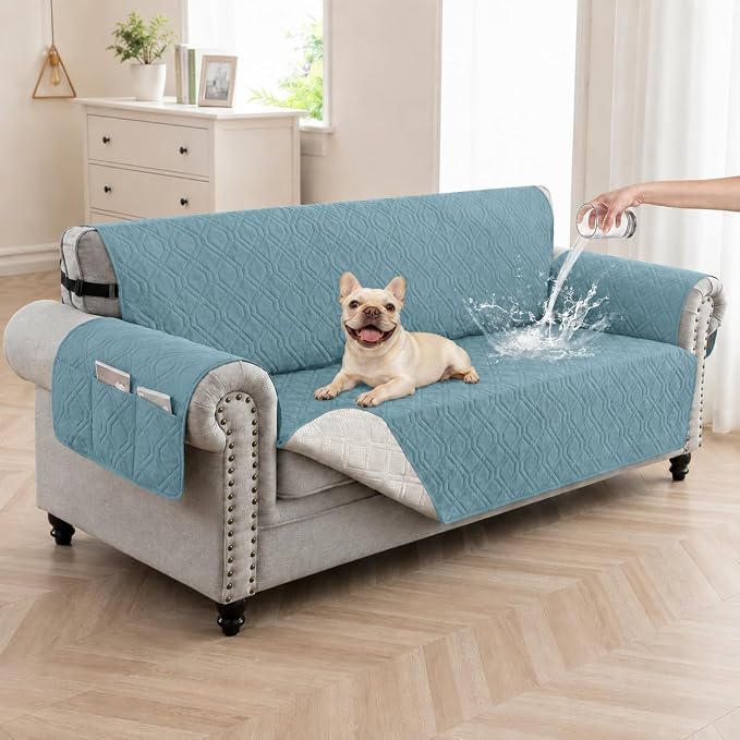 100% Waterproof Quilted Couch Cover,Straps&Pockets,68" Grayishblue | Washable sofa cover, pet-friendly, scratch-resistant furniture protector, quilted sofa cover, reversible, non-slip backing. by Unknown