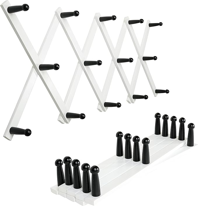 SKOLOO Hat Rack for Wall with 14 Hooks, Pack of 2, Solid Wooden, Modern, Expandable Coat Rack Wall Mount for Coats, Hats, Bags, Baseball Caps, Black on White by SKOLOO