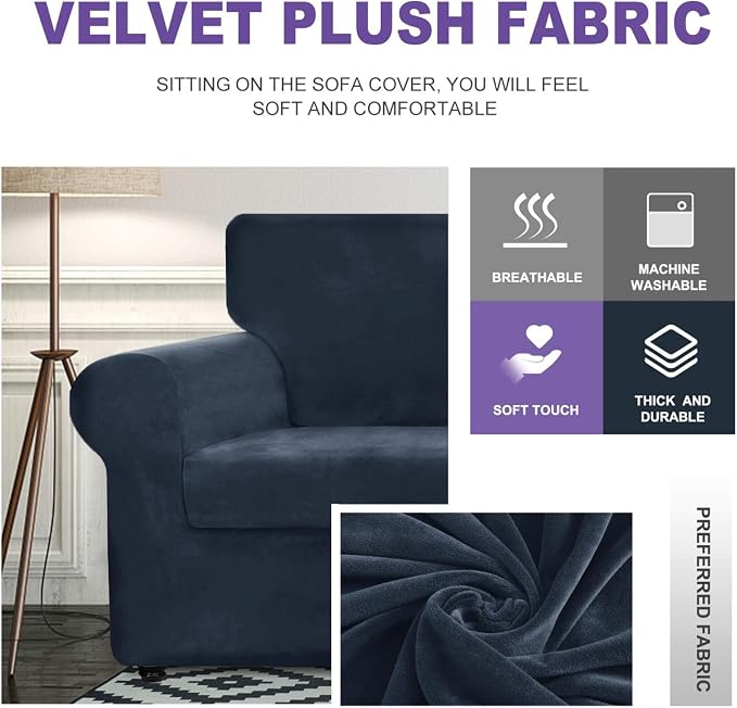 ZNSAYOTX Luxury Velvet Couch Cover 4 Piece (72"-92") Stretch Sofa Covers for 3 Cushion Couch Thick Soft Sofa Slipcover with Non Slip Strap, Dog Pet Friendly Nice Furniture Protector (Navy Blue) - Image 3