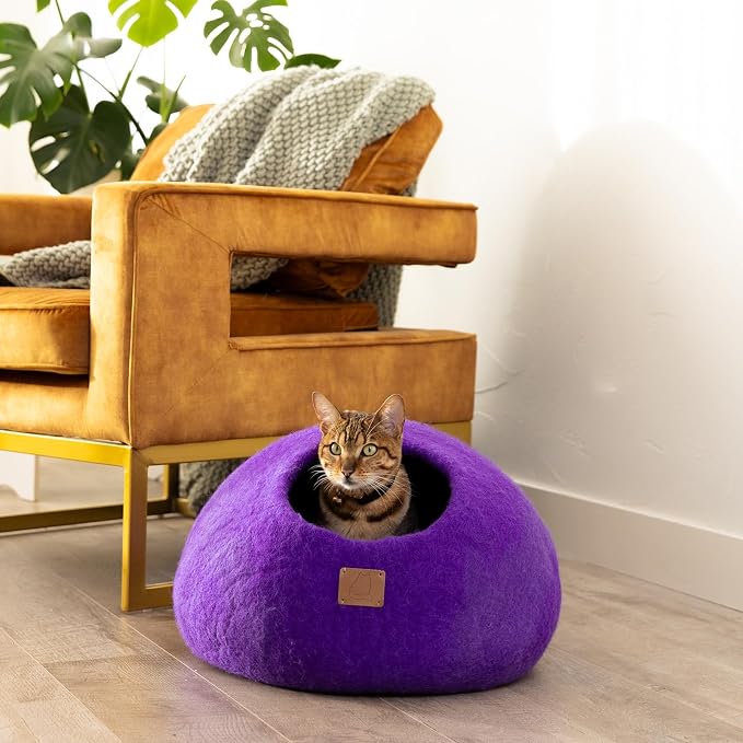 Best Aesthetic Cat Bed - Premium Felted Wool Cat Cave Bed - Cozy Peekaboo Round Cave for Large or Small Cats (Small, Plum Purple) - Image 2