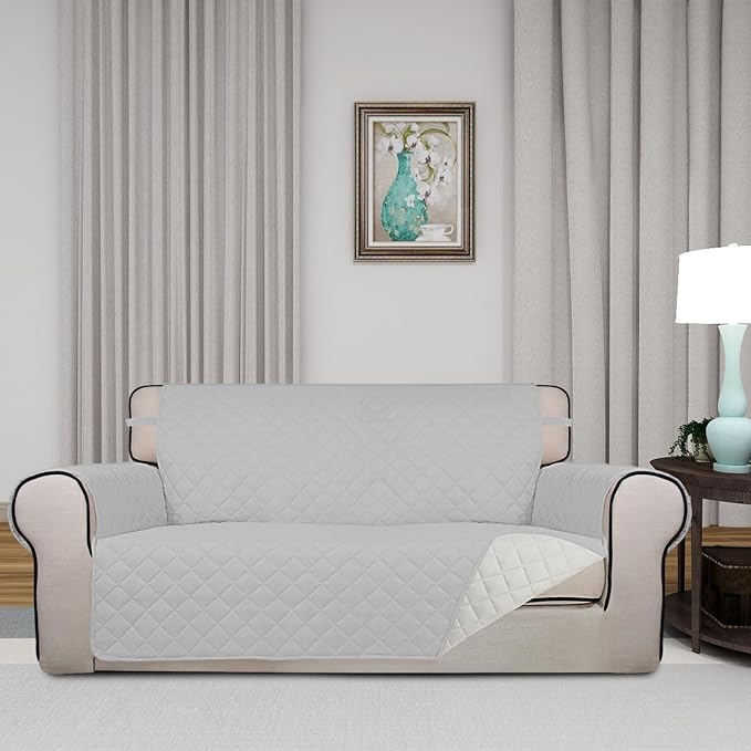 PureFit Reversible Quilted Couch Covers for Dogs Loveseat Sofa Cover 54" | Light Gray/Ivory, Water Resistant Couch Protector, Washable Pet Couch Cover with Non Slip and Elastic Straps For Kids - Image 2
