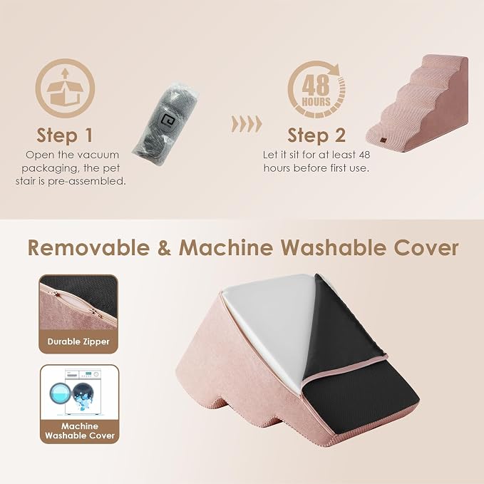 EHEYCIGA Curved Dog Stairs Ramp for High Beds 22.6" H, 5-Step Dog Steps for Small Dogs and Cats, Pet Stairs for High Bed Climbing, Non-Slip Balanced Pet Step Indoor, Dusty Pink - Image 6