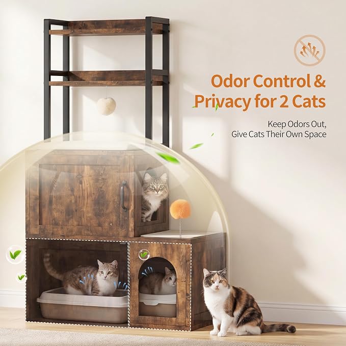 Heybly Cat Litter Box Enclosure Furniture, Double Hidden Litter Box Cabinet with Cat Tree, Large Litter Box Enclosure with Shelves & Storage, Cat House for 2 Cats, Cat Box Enclosure, Rustic HCLB002SR - Image 4