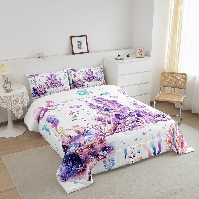 Manfei Kawaii Fairy Tale Purple King Size Comforter/Duvet Set,Dreamy Castle Ultra Soft Bed Collection,Watercolor Coral Sealife Bedding for Room Decor 3 Pcs,Microfiber Breathable - Image 3
