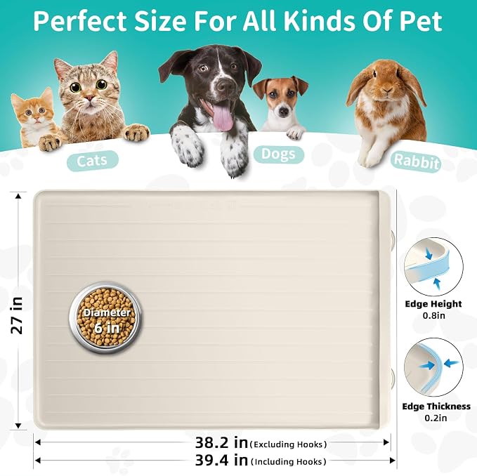 Dog mat for Food and Water - 39.4" x 27" Thickened Large Cat Food Mat | Waterproof Pet Bowl Mat with Residue Collection Pocket and High Edges to Prevent Water and Food Spills - Cream - Image 2