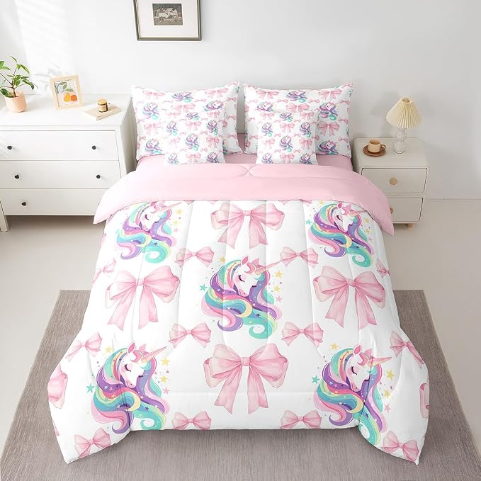 Erosebridal 7 Piece Girls Pink Bowknot Full Bedding Set,Kawaii Rainbow Unicorn Kids Comforter Set for Teens,Dreamy Princess Style Quilt,Girly Unicorn Bow Tie Sheet Set with Comforter - Image 2