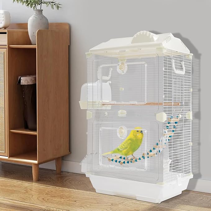 2-Door Wrought Iron Bird Cage Parakeet Cage with Roof & Handles, Parrot Cage Pet Birds Flight Cage, Interactive Birdcages Bird House Travel Cages for 1-3 Birds (28" H, Transparent-B) - Image 3