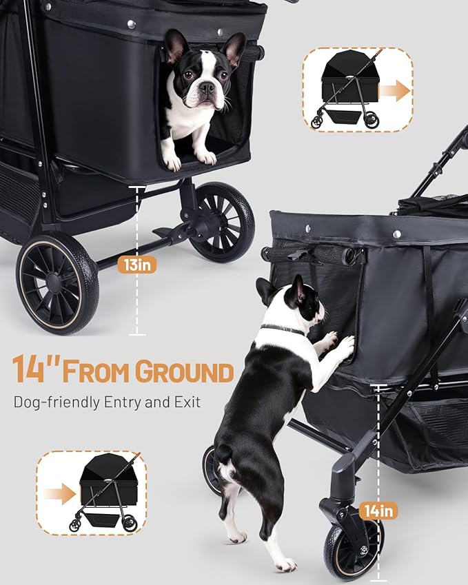 Dog Stroller for Large & Medium Dogs (20–132 lbs), Pet Stroller for 2 Small Dogs with Adjustable Handle & Canopy, Sun Shades, Storage Organizer, Foldable & Ventilated,Black