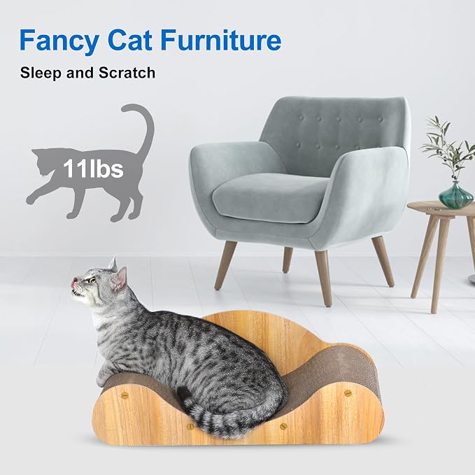 Simple Deluxe Cat Scratcher Cardboard Bed, Natural Solid Wood Scratch Lounger for Scratching&Sleeping, 23.6inches Scratching Board Furniture Protector, Curved - Image 5