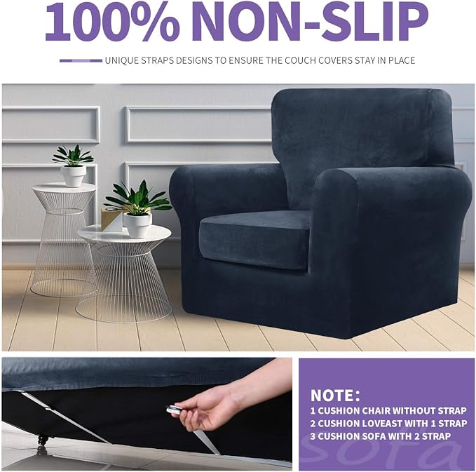 ZNSAYOTX Luxury Velvet Chair Slipcovers with Arms 2 Piece Stretch Chair Covers for Living Room Thick Soft Armchair Slipcover Anti Slip Pet Friendly Furniture Protector (Navy Blue),30"-47"(1 Cushion) - Image 5