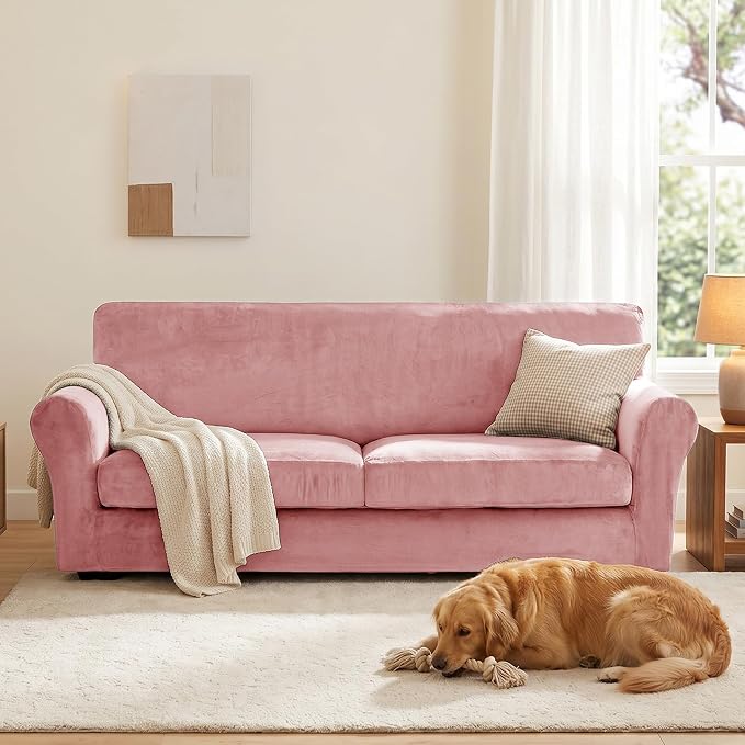 XINEAGE 3-Piece Velvet Sofa Cover,Couch Covers for Dog,Pink | 2 Cushion Sofa,Stretch Non-slip Elastic, Pet-friendly, Washable, Fast Setup, Soft Plush Fabric, Furniture Protector. - Image 4
