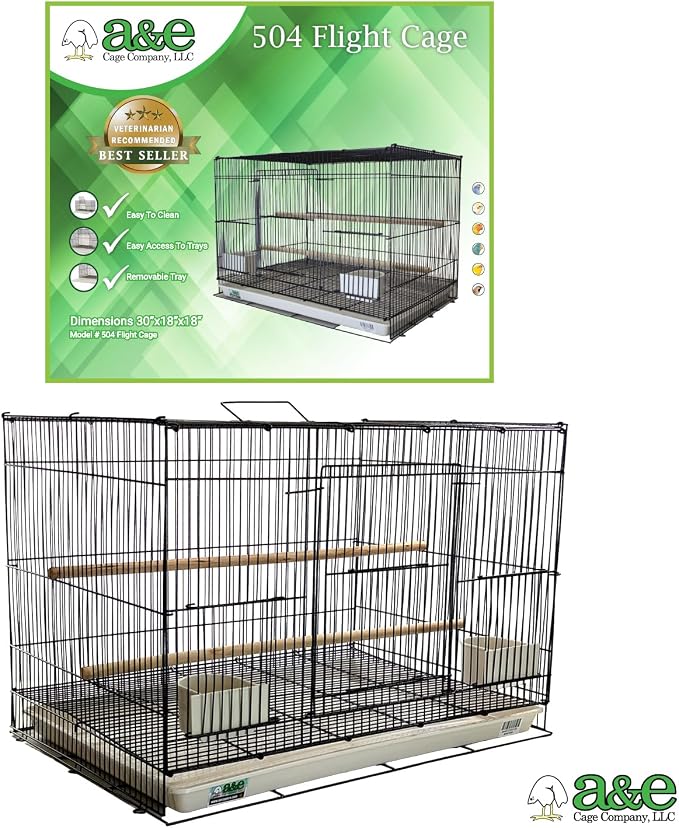 A&E Cage Co 504 Flight Bird Cage for Finches & Parakeets, 30"x18"x18" Black | 2 Slide-Up Feeder Doors, Wood Perch, Slide-Out Cleaning Tray, Carry Handle, Roomy Flight Space for Canaries - Image 5