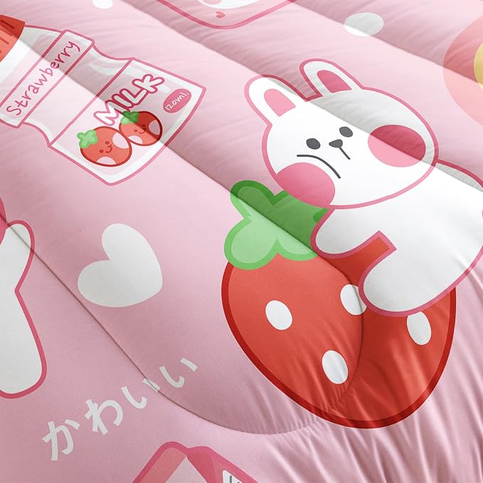 QOOMO Strawberry Rabbit Comforter Set for Kids Teens Girls Women,Pink Bunny Kids Comforter,1 Comforter with 2 Pillowcase, Microfiber 3 Piece Bedding Set,for All Seasons(Pink，Twin Size) - Image 5