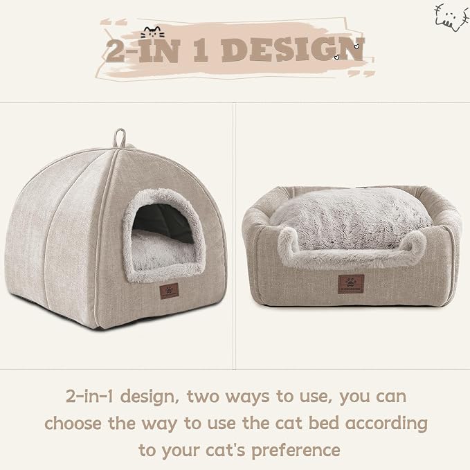 Cat Bed for Indoor Cats - Cat House Cats Tent with Removable Washable Cushioned Pillow, Soft and Self Kitten beds,for Small and Medium Pet Bed, Beige - Image 6
