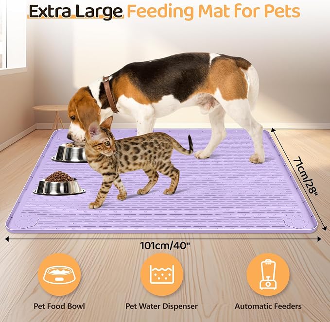 Dog Food Mat 40''x28'' Extra Large Dog Mat for Food and Water, Purple | Silicone Dog Bowl Mat with Raised Edge, Waterproof Non-Slip Pet Feeding Mat for Floors, fit for Dog Cat Bowls - Image 2