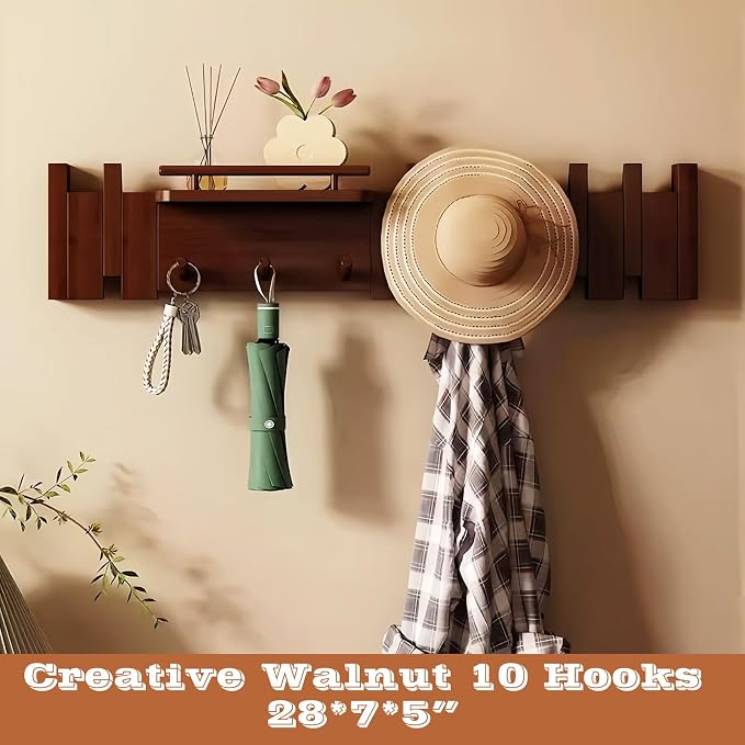 Wall Mounted Coat RackHooks Piano Key Hangers Natural Solid Wood Hanger Non-Woven Fabric Clothes Hangers for Closet, Kitchen, Bedroom, Bathroom, Entryway (Innovate-Walnut, 10 Hooks) - Image 2