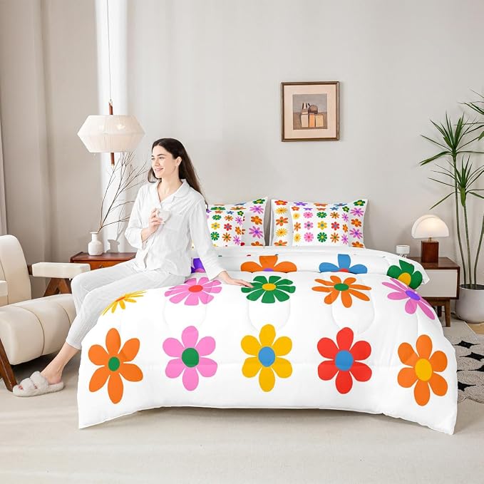 Feelyou Cute Flower 7 Piece Bedding Set Twin Size Colorful Flower Comforter Set with Sheets for Kids Boys Girls White Colorful Bed in a Bag Kawaii Theme Bed Set - Image 4