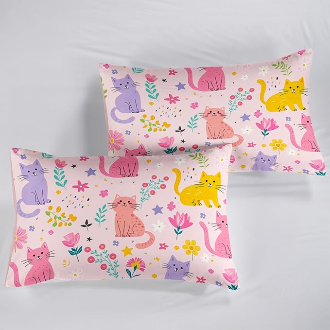 QOOMO Floral Cat Comforter Twin Size,Pink Cat Bedding Set for Kids Teens Girls,3Pcs Bedding Set Printed Comforter with 2 Pillowcases,Down Alternative,Soft and Lightweight(Pink，Twin Size) - Image 6