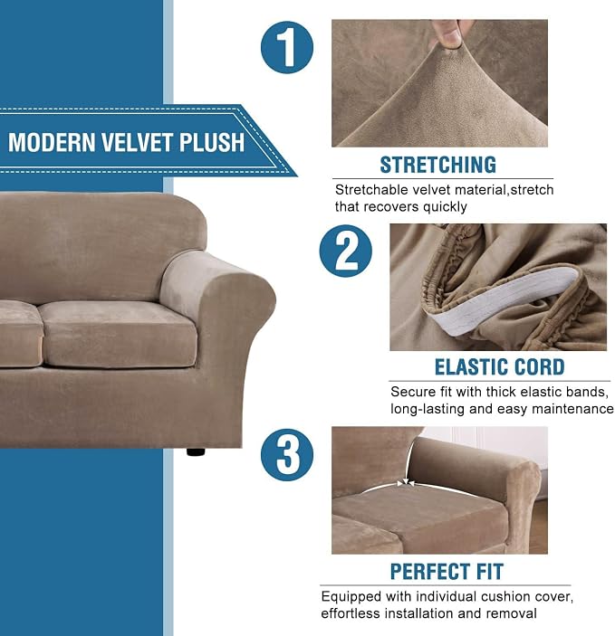 H.VERSAILTEX Real Velvet Plush 3 Piece Stretch Sofa Covers Couch Covers for 2 Cushion Couch Sofa Slipcovers Width Up to 90 Inch Feature Thick Soft Stay in Place (Large Sofa, Camel) - Image 3
