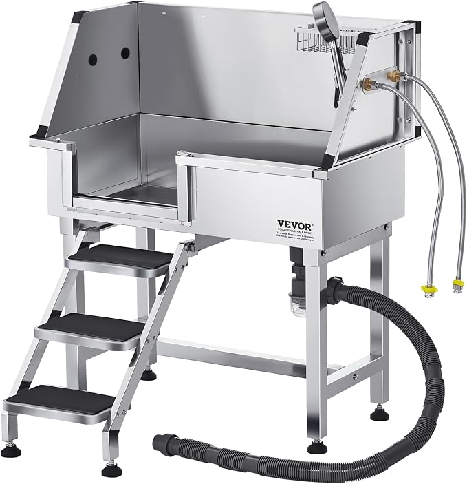VEVOR Professional Dog Washing Station, 34 Inch Stainless Steel Pet Grooming Tub with Hot Cold Faucet, Adjustable Showerhead, Non-Slip Stairs & Side Sink, for Small to Medium Dogs and Cats (Left Door) - Image 9