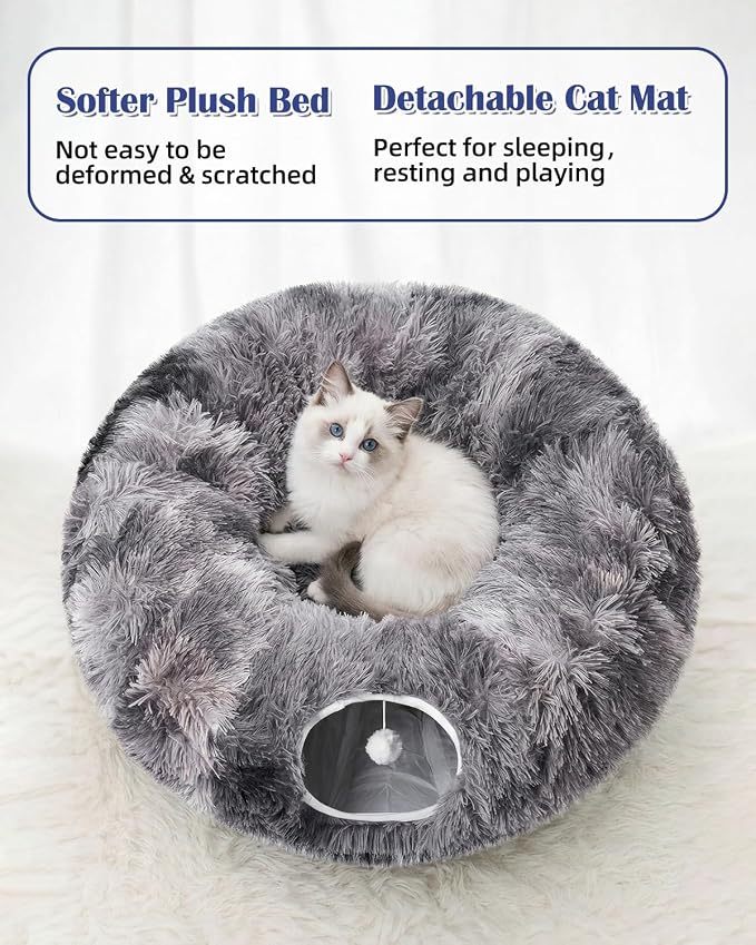 Cat Tunnel Bed with 20 Pcs Interactive Toys, 3-in-1 DIY Collapsible Plush Cat Tube with Washable Mat, Large Indoor Play Tunnel Cave for Kittens and Small Animals - Image 5
