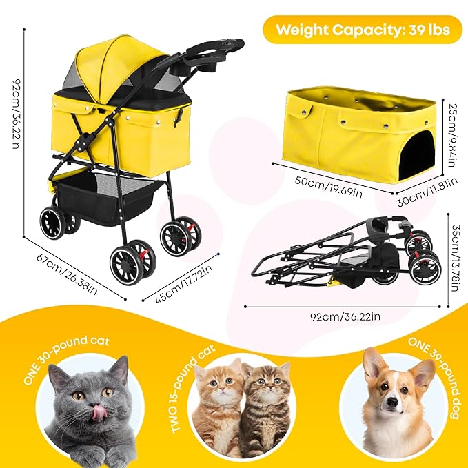 Pet Stroller,Dog Stroller for Small Medium Dogs Cats,3 Wheels,Foldable,with Breathable Mesh Canopy,Cup Holders,Easy Assembly,Yellow