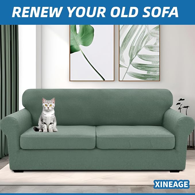 XINEAGE New 3 Pieces Couch Covers for 2 Extra Large Cushion Sofa Super Stretch Sofa Cover for 2 Large Seat Universal Loveseat Slip Cover for Living Room (Pea Green), 71"-91"(2 Cushions) - Image 4