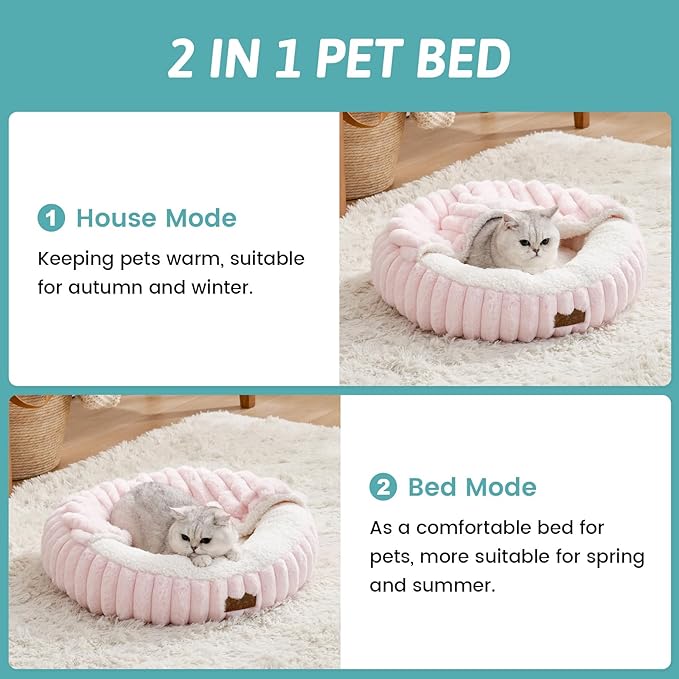 Cat Bed with Hooded Blanket, Round Fluffy Anti-Anxiety Pet Bed for Cats/Toy Breed Dogs, Cozy Donut Cuddler with Machine Washable Faux Fur & Anti-Slip Bottom(20"×20"×6",Pink) - Image 3