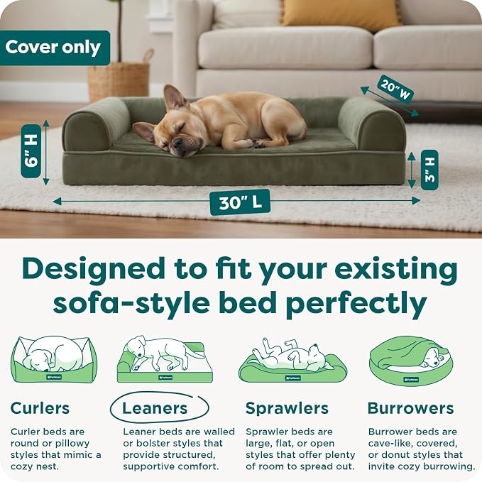 Furhaven Replacement Dog Bed Cover Faux Fur & Velvet Sofa-Style, Machine Washable - Dark Sage, Medium - Image 3