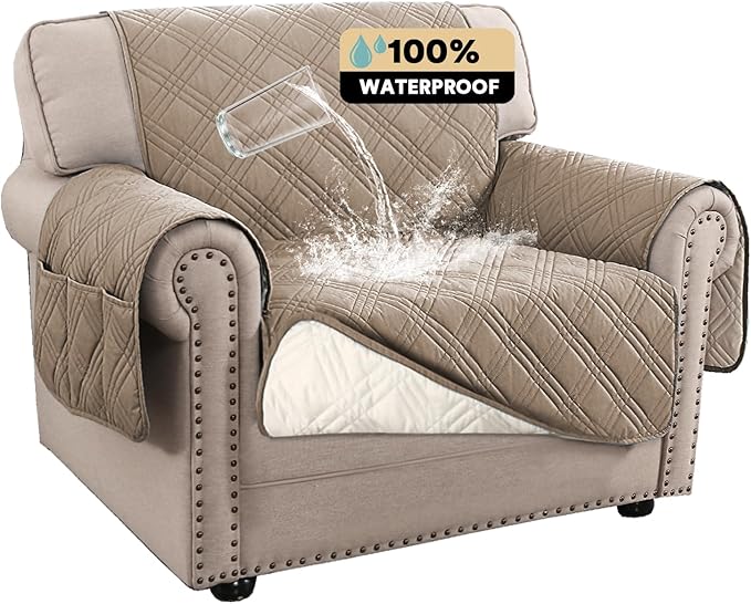 PrinceDeco 100% Waterproof Chair Sofa Slipcover for Living Room Water Resistant Couch Cover Furniture Protector Cover with Elastic Straps for Pets Kids Children Dog Cat(Chair 23", Taupe) by PrinceDeco