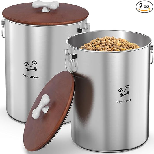 Paw Libero 2PK 25 Lbs total 50 Lbs Stainless Steel Dog Food Storage Container with Airtight Wooden Lid & Ceramic Bone Handle, Large Metal Dog Food Bin for Dogs & Cats by PawLibero
