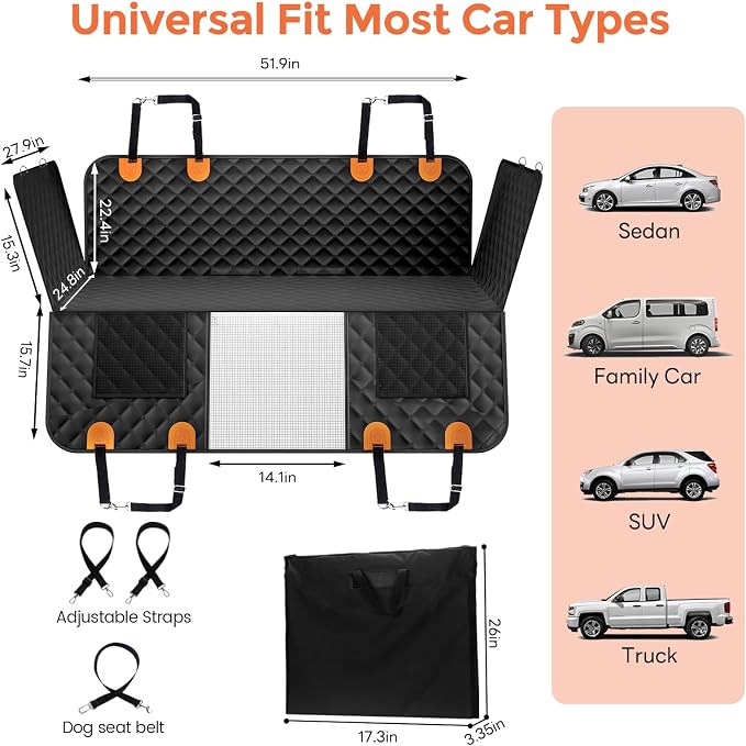 Dog Seat Cover for Back Seat,Hard Bottom Car Seat Cover for Dogs | Back Seat Extender for Dogs Holds 500lbs,Waterproof Rear Seat Pet Cover,Dog Hammock Travel Accessories for Car,SUV,Truck - Image 8