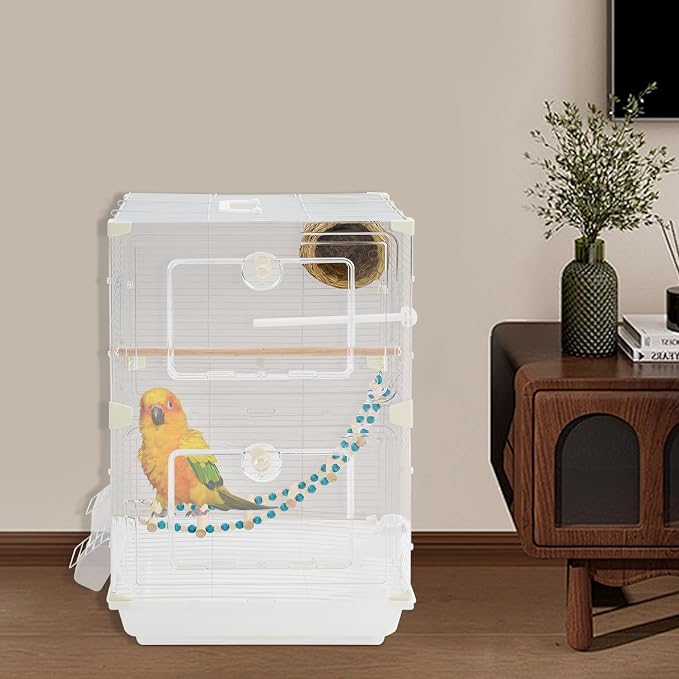 2-Door Wrought Iron Bird Cage Parakeet Cage with Handles, Parrot Cage Pet Birds Flight Cage, 360° View Interactive Birdcages Bird House Travel Cages for 1-3 Birds (25" H, Transparent-B) - Image 6