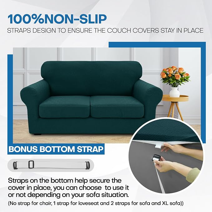 XINEAGE 2026 New 3 Pieces Couch Covers for 2 Cushion Sofa Super Stretch Loveseat Slipcover Pet Dog Universal Slip Cover Anti Slip Love Seat Furniture Protector (Blackish Green, 55"-69") - Image 7