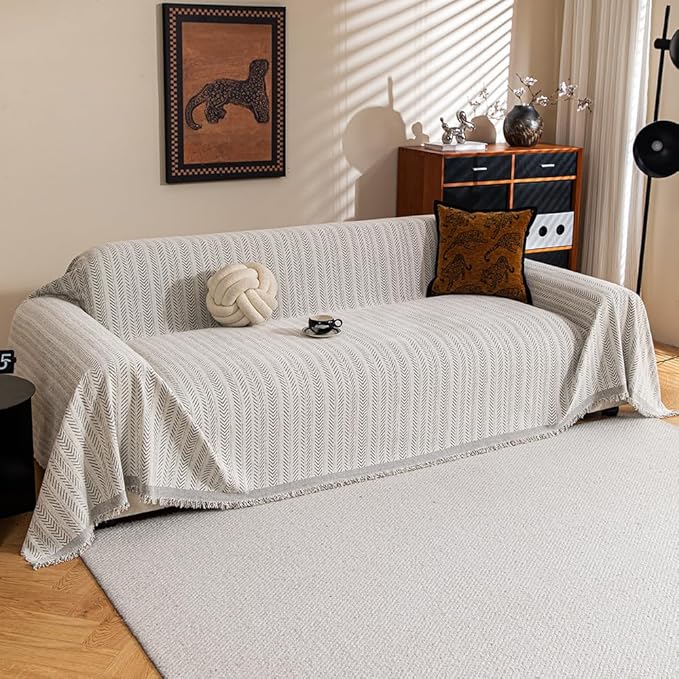 Sectional Sofa Covers Non Slip Couch Cover Sofa Cushion Couch Slipcovers Furniture Protector for Pets Kids, Chenille Strip Couch Throw Blankets with Tassels, 71"x150", Beige by BEDDING