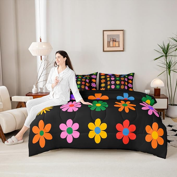 Feelyou Cute Flower 7 Piece Bedding Set Queen Size Colorful Flower Comforter Set with Sheets for Kids Boys Girls Black Colorful Bed in a Bag Kawaii Theme Bed Set - Image 4