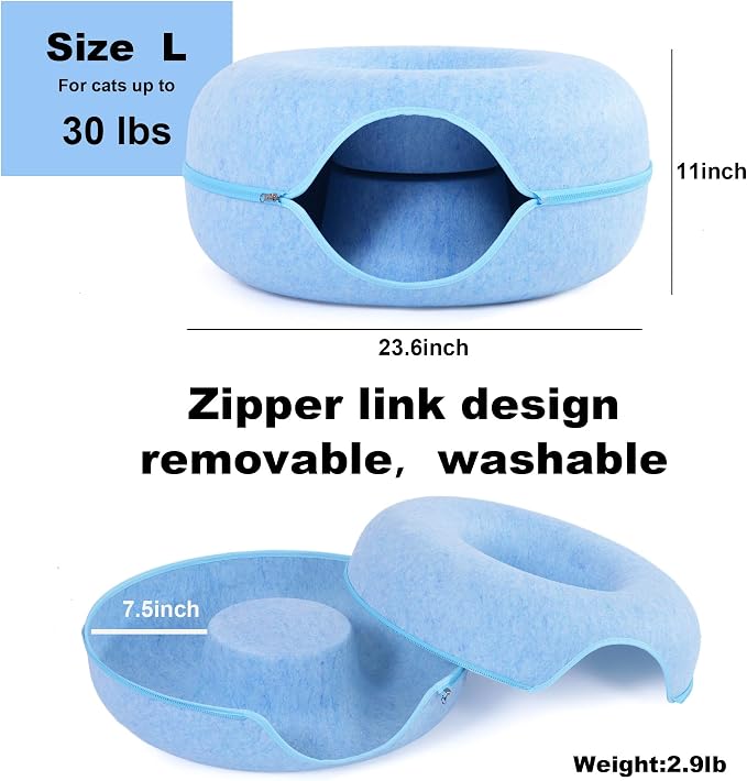 Large Cat Tunnel Bed for Indoor Cats with 3 Toys, Scratch Resistant Donut Cat Bed, Up to 30 Lbs (L 24x24x11, Blue) - Image 4