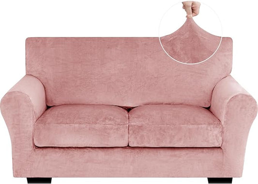 XINEAGE 3-Piece Velvet Loveseat Sofa Cover, Couch Covers for Dog,Pink | 2 Cushion Loveseat,Stretch Non-slip Elastic, Pet-friendly, Washable, Fast Setup, Soft Plush Fabric, Furniture Protector. by XINEAGE