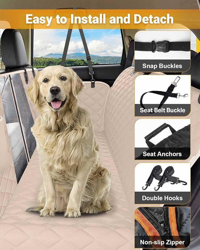 Dog Car Seat Cover, 600D Heavy Dute Car Seat Cover for Dogs Pets, 100% Waterproof Anti-Scratch Nonslip Dog Hammock for Cars, Seat Covers Protector with SeatBelt for Sedan SUV Truck Standard Khaki - Image 2