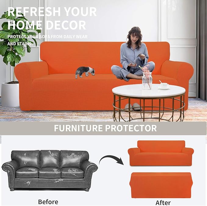 Easy-Going Stretch Chair Slipcover with Arm Washable Orange | 1-Piece Couch Sofa Cover Furniture Protector for Living Room Soft with Bottom For Kids, Pet. Spandex Jacquard - Image 4